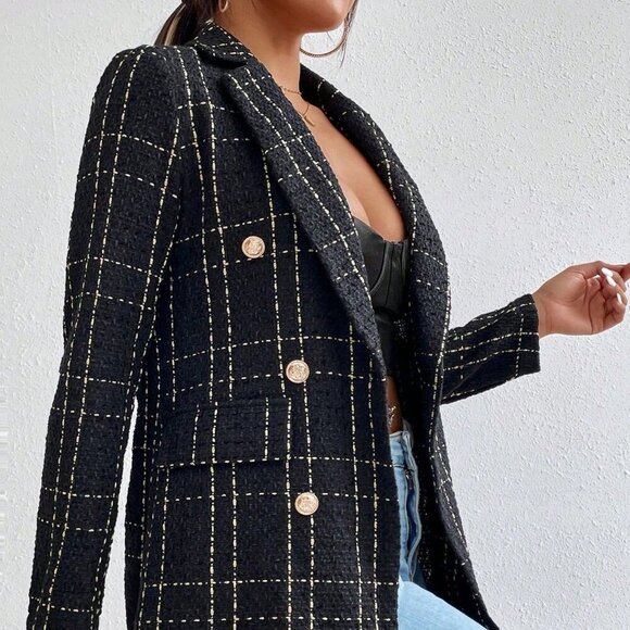 Black Elegant Women's Plaid Double Breasted Tweed Blazer - Picture 6 of 7